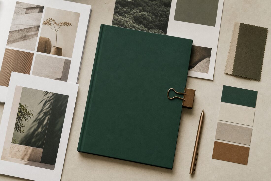 Co-branded marketing collateral, a brand guidelines booklet, and colour swatches on a desk