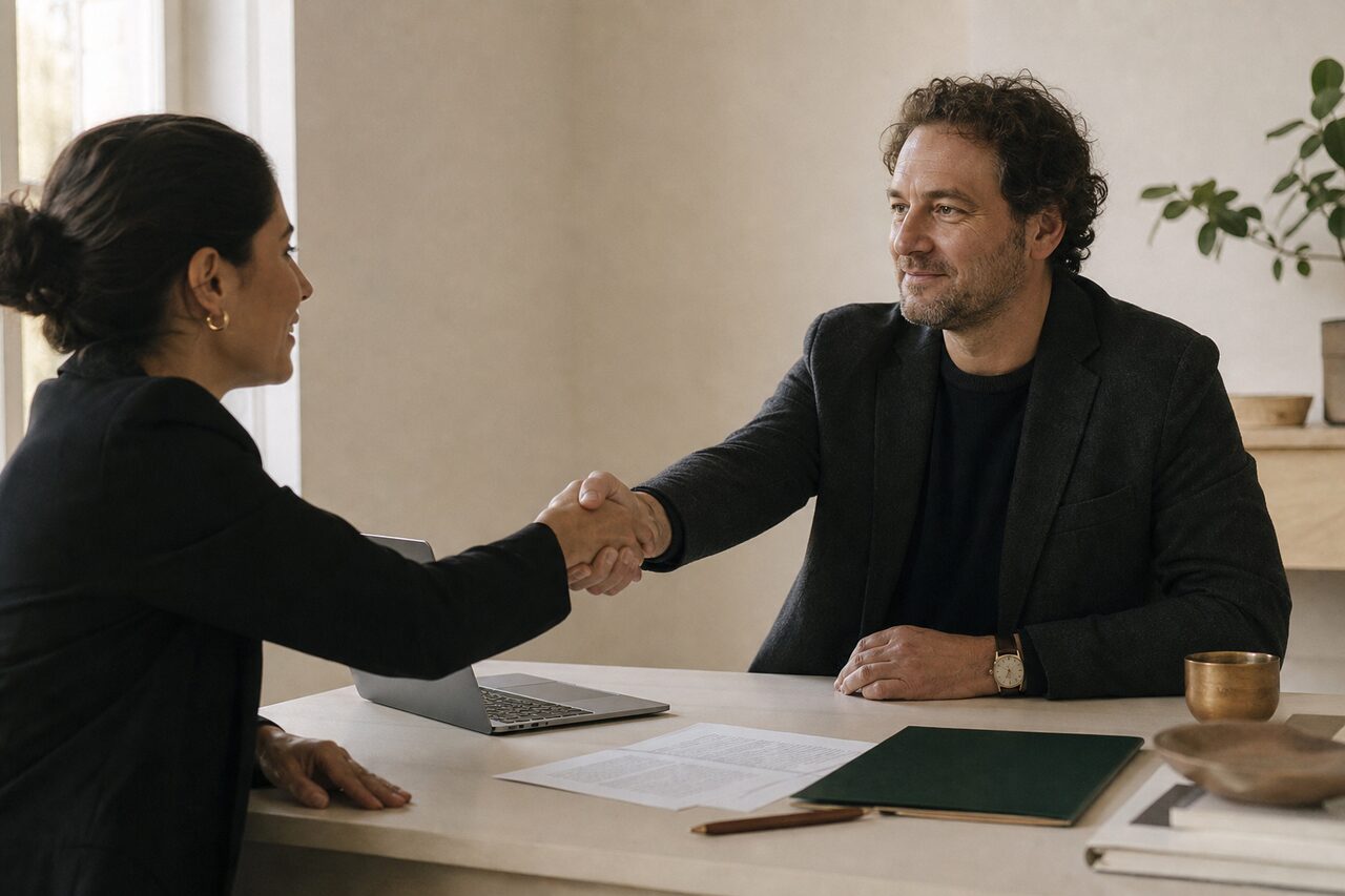 Two professionals agreeing a partnership over printed documents and a laptop