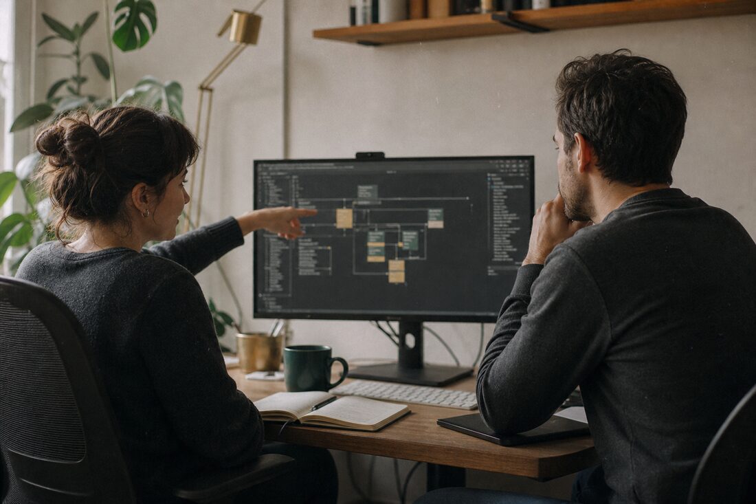 Two colleagues reviewing a software architecture on a monitor