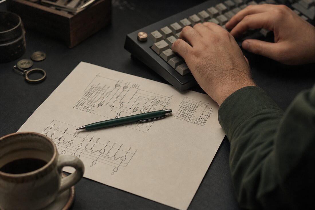 A developer typing beside a printed cryptographic circuit diagram and a green pen
