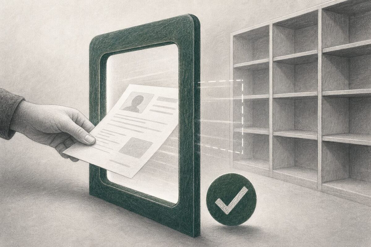 Stateless verification concept showing a single request evaluated without building a standing customer profile at the verifier